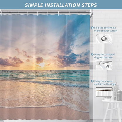 Ocean Beach Coastal Sea Scene Shower Curtain for Bathroom 72W*72H Inch Seaside Nautical Summer Sunset Sunrise Beachy Bathtub Decor Waves Seacoast Hawaiian Aesthetic Waterproof Polyester Fabric
