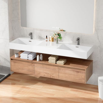 60 Inch Floating Bathroom Vanity with Double Sink, Modern Wall-Mounted Bathroom Cabinet with Resin Sink & Soft Close Drawer, Split-Level Layout (Nature Oak, 60" Double Sink)