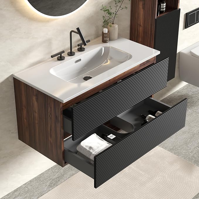 36" Floating Bathroom Vanity with Sink, Modern Wall Mounted Floating Vanity with Ceramic Sink, Double Soft-Close Drawers for Apartment, Hotel, Walnut+Black