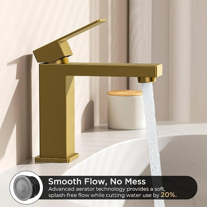 FORIOUS Bathroom Sink Faucet 1 Hole Single Handle 2 Pack Brushed Gold | For 1 or 3 Hole 4 Inch Centerset Sink, with Pop-up Drain, NSF61 Certificate, Single Handle Faucet for Sink Vanity RV Restroom