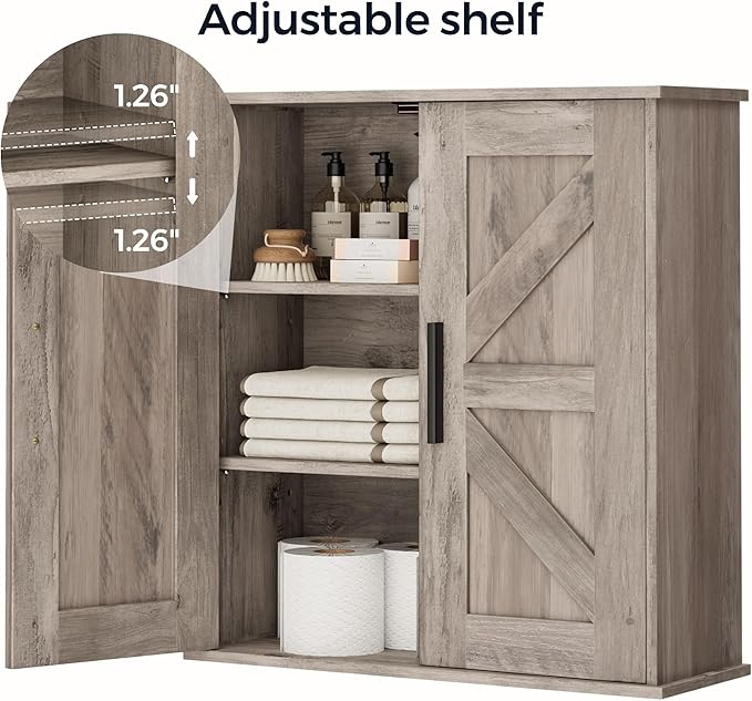 Bathroom Wall Cabinet, Over Toilet Storage Cabinet with Barn Doors and Adjustable Shelves, 3-Tier Medicine Cabinet Wall Mounted, for Bathroom, Kitchen, Entryway, Laundry Room, Greige, (7.9" D)