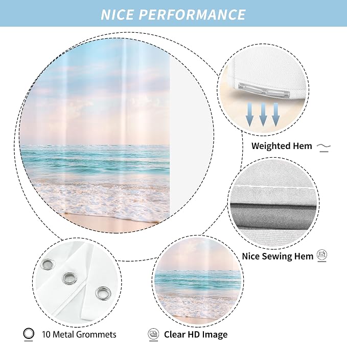 Ocean Beach Coastal Seaside Shower Curtain for Bathroom 60W*72H Inch Nautical Summer Seacoast Beachy Waves Bathtub Decor Seascape Nature Waterproof Polyester Fabric Set with 12 Hooks(10 Holes)