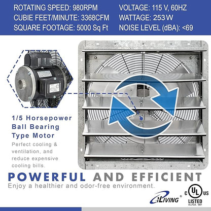 iLiving 20" & 18" Wall Mounted Shutter Exhaust Fans, Automatic Shutter, Thermostat & Variable Speed Controller