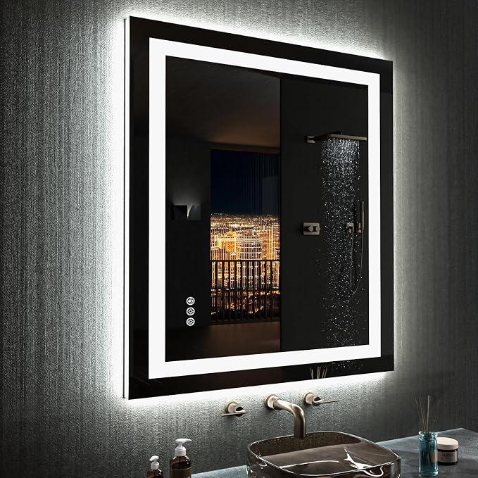 LOAAO 28"X32" LED Bathroom Mirror with Lights, UL Listed | Anti-Fog, Dimmable, RGB Backlit + Front Lighted, Memory Function, Tempered Glass