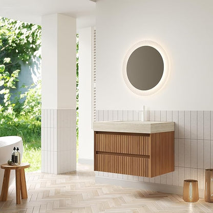 30" Bathroom Vanity with Sink, Modern Bathroom Floating Vanity with Travertine-Pattern Sintered Stone Top & Ceramic Undermount Basin, Pre-Assembled W/2 Drawers, Espresso