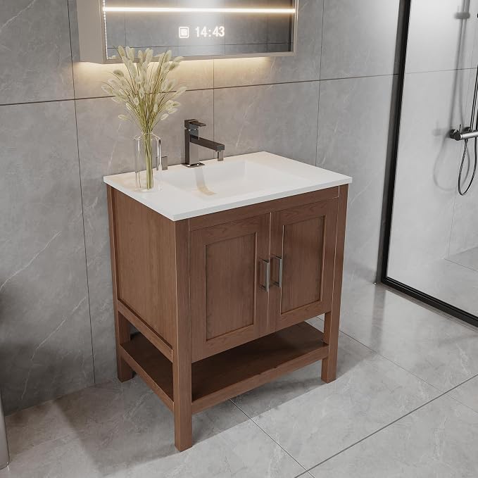 36" Natural Wood Bathroom Vanity Base Only – Freestanding Solid Wood Sink Cabinet with Open Shelf, Shaker Style Storage, No Top or Sink, 36" W x 21" D x 34.5" H