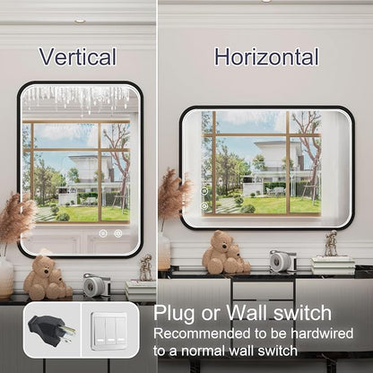 20x28 Inch Black LED Bathroom Mirror with 3 Color Lights | 3000K/4500K/6000K,Stepless Dimmable,Anti-Fog,Memory Function,Aluminum Frame,ETL Listed,Wall Mounted Lighted Vanity Mirror