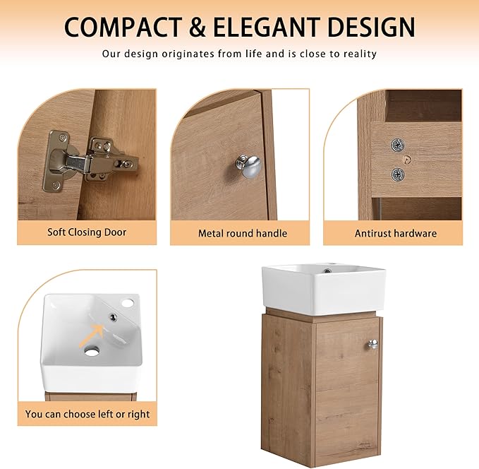 12" Bathroom Vanity with Sink, 12 Inch Floating Bathroom Vanity for Small Space, Modern Bathroom Vanity, Brown Wall Mounted Cabinet Set