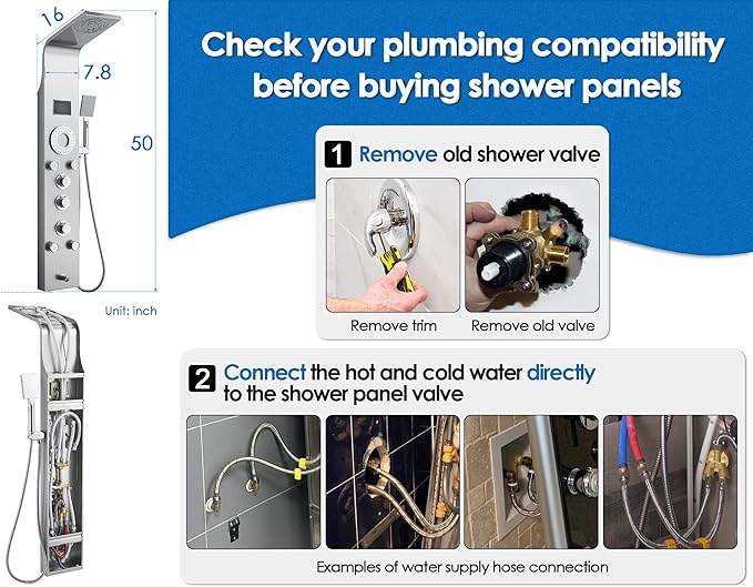 ROVOGO Shower Panel Tower System Unibody Design, Rain Mist Shower, Body Jets, Handheld and Tub Spout, No Battery Needed Led Lights and Temp Display, Shower Column 304 Stainless Steel Brushed