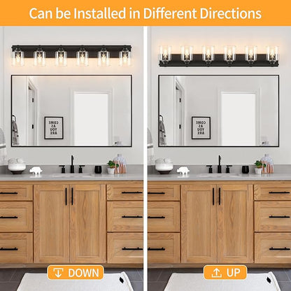6 Light Modern Bathroom Light Fixtures Over Mirror, Black Vanity Lights for Bathroom Wall Sconces with Clear Glass Shades, E26 Socket (Bulbs Not Included)