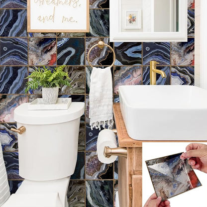 Alwayspon Vinyl Sticker Peel and Stick, Self-Adhesive Wall Tile Transfers Backsplash Sticker Decal for Kitchen Bathroom, 6x6inch/15x15cm 10Pcs, Dark Stone Stripes T047