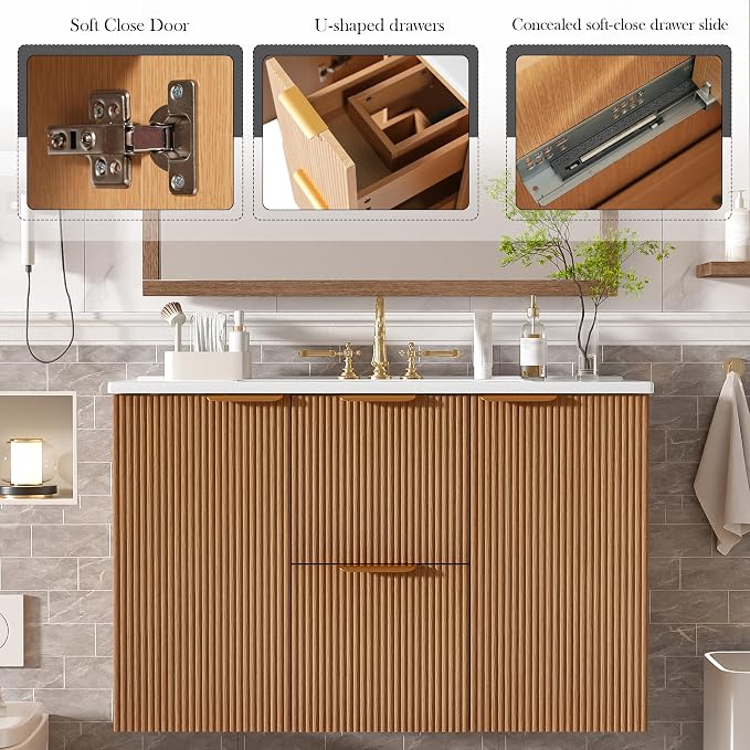 36" Wall Mounted Bathroom Vanity with Ceramic Sink, Modern Floating Bathroom Cabinet with Soft Close Doors & Divided Drawers, MDF Wood Vanity Set for Small Bathroom, Natural Oak