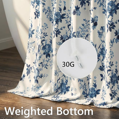 Farmhouse Blue Floral Shower Curtain, Fabric Faux Linen Shower Curtain Set with 12 Rings, Vintage Cottagecore Boho Shower Curtains for Bathroom 72" W x 72" L （Beige + Blue