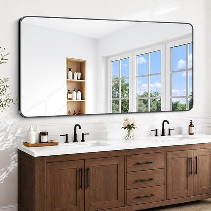 BONEWEI 72x40 inch Large Bathroom Mirror,Black Rectangle Mirror,Wall Mounted Bathroom Frame Vanity Mirror with Round Corner for Bedroom Living Room, Entryway Hangs Horizontal or Vertical