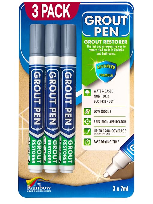 Grout Pen Grey Tile Grout Paint Marker - Narrow 5mm Tip (7mL) - 3 Pack | Waterproof Grout Refresh Restorer for Kitchen & Bathroom, Colorant and Sealer Pens for Cleaner Looking Grout Lines - Grey