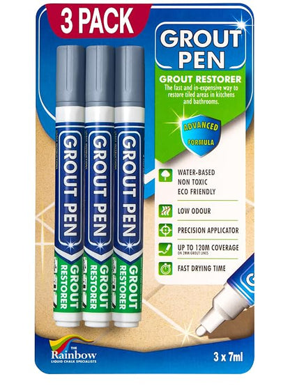 Grout Pen Grey Tile Grout Paint Marker - Narrow 5mm Tip (7mL) - 3 Pack | Waterproof Grout Refresh Restorer for Kitchen & Bathroom, Colorant and Sealer Pens for Cleaner Looking Grout Lines - Grey