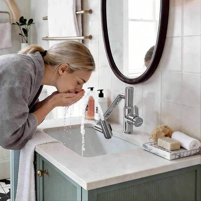 Lefton Rotatable Bathroom Faucet with Temperature Display in Fahrenheit (Batteries-Free), 3 Water Modes, Chrome, BF2204-1