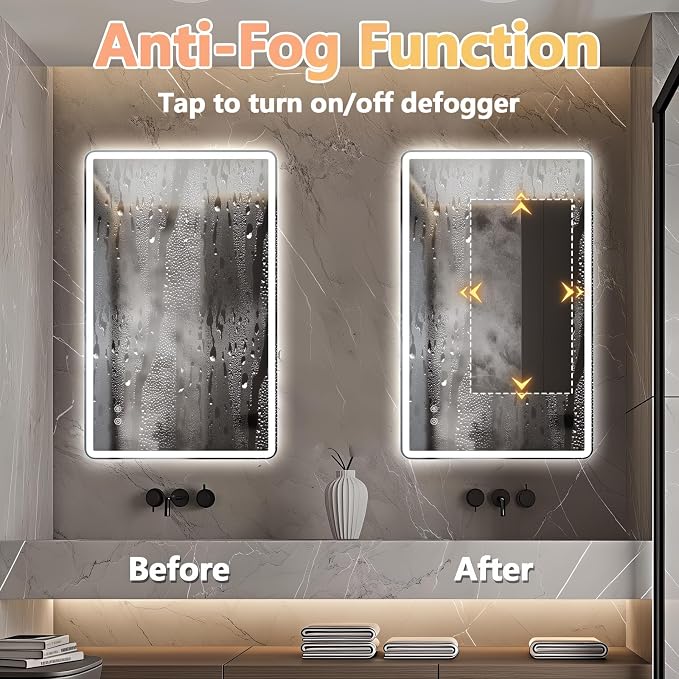 Niccy Rectangle LED Bathroom Mirrors, Vanity Mirror with Lights, 30"x48" | Frameless Lighted Mirror for Bedroom Living Room, 3 Colors & Stepless Dimmable Anti-Fog Memory Function, Horizontal/Vertical