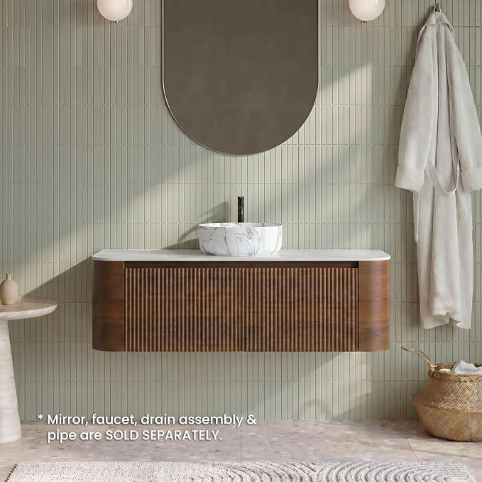 48" Preassembled Floating Bathroom Vanity with Carrara Finish Sink, Walnut | Mid-Century Modern Style, Fluted & Soft-Close Drawer with U-shaped Wall, Sinterted Stone Countertop, Towel Rack Included