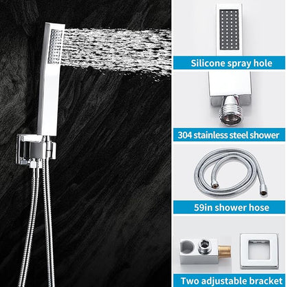 Chrome Shower Faucet Set with Tub Spout 10 Inch Shower Head | Tub and Shower Faucet Combo, Rain Shower and Handheld Shower System Square Wall Mount for Bathroom