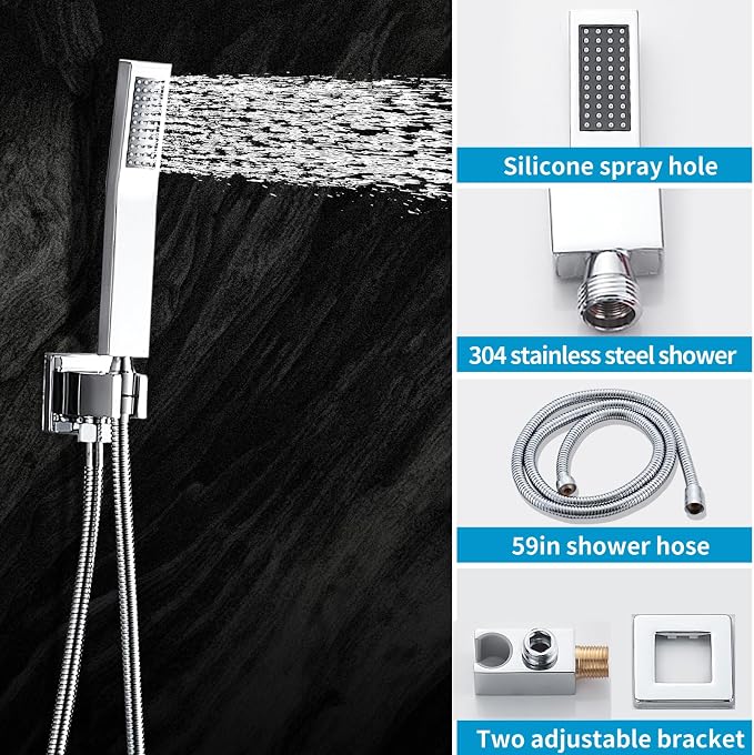 Chrome Shower Faucet Set with Tub Spout 8 Inch Rain Shower | Shower Head and Handle Set, Tub and Shower Faucet Combo Handheld Shower System Square Wall Mount for Bathroom