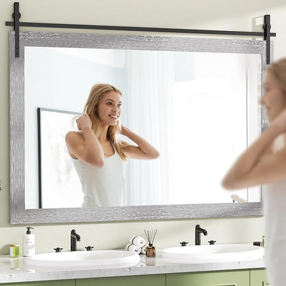 Hasipu Farmhouse Bathroom Mirror, 55"x36" Rustic Wood Framed Wall Mounted Mirror, Gray Vintage Vanity Mirror Barn Door Style Decrative Mirrors