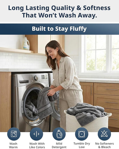 LANE LINEN Bath Towel Set 100% Cotton 6 Piece Soft Absorbent - Grey | Bath Towels Set Of 6 - Densely Woven, Coordinated Colors, Dobby Border Accent, OEKO-TEX Certified, Zero-Twist Durability