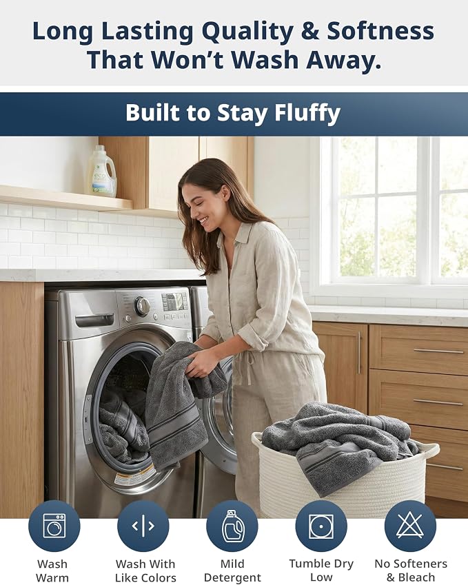 LANE LINEN Bath Towel Set 100% Cotton 12 Piece Soft Absorbent - Grey | Shower Towels - Generously Sized, Oversized & Roomy, Lightweight & Breathable, Fade-Resistant Color, Classic Terry Weave