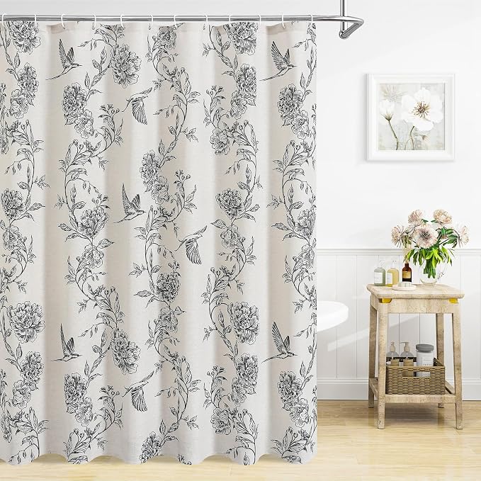 MitoVilla Long Black Cotton Shower Curtain for Bathroom,72 x 78 | Long BoHo Cottagecore Hummingbird Spring Shower Curtains, Modern Farmhouse Country Floral Bathroom Décor, 72 x 78