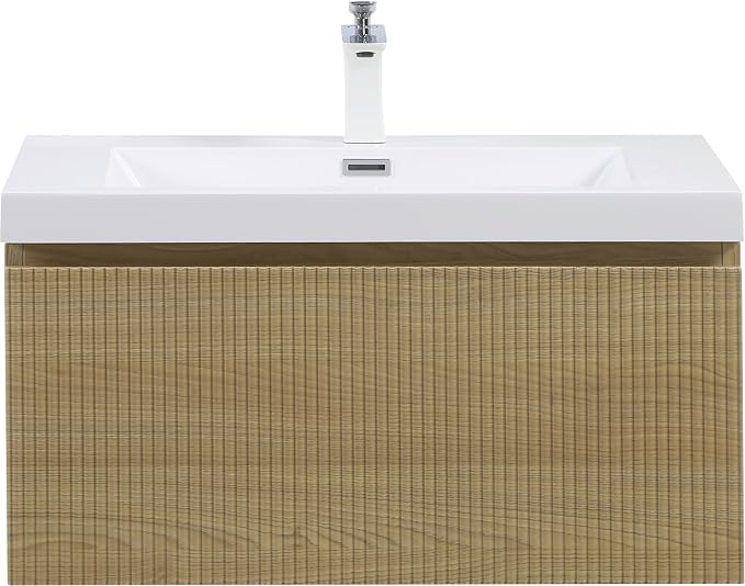 30 Inch Floating Bathroom Vanity with Sink, Modern Oak Wall Mounted Floating Vanity with Glossy Resin Sink, Soft Closing Drawer, Fully Pre Assembled Bathroom Vanity, Natural Oak