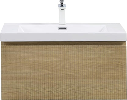 30 Inch Floating Bathroom Vanity with Sink, Modern Oak Wall Mounted Floating Vanity with Glossy Resin Sink, Soft Closing Drawer, Fully Pre Assembled Bathroom Vanity, Natural Oak