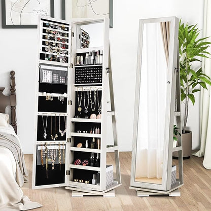 GOFLAME 360° Rotating Jewelry Armoire, Lockable Jewelry Cabinet with Full-Length Mirror & Inner Makeup Mirror, Standing Jewelry Storage Organizer with Rear Storage Shelves, White