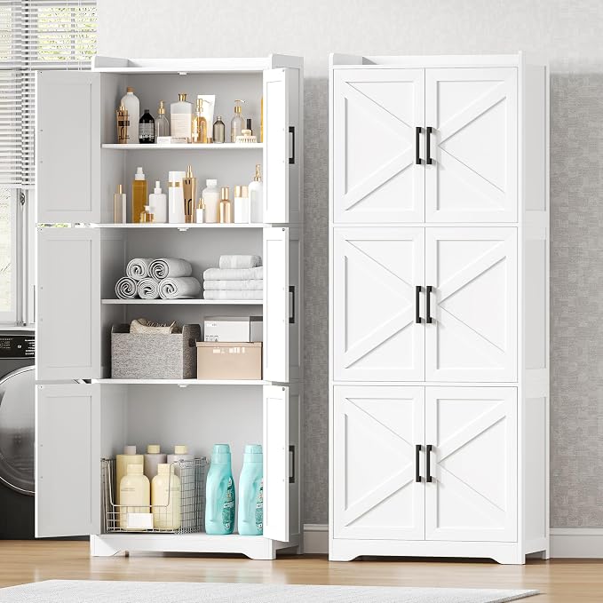 Akxomel Tall Bathroom Floor Cabinet with 6 Barn Door 60.2''H Pantry White | 11.6''D x 22.6''W Linen Storage Cabinet with Adjustable Shelves, for Kitchen, Living Room, Entryway