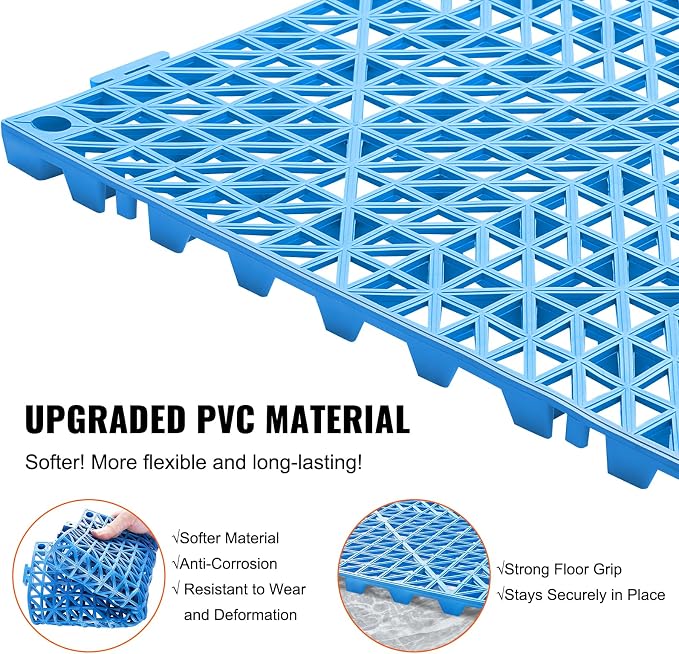 VEVOR Interlocking Tiles, 55Pcs 12 x 12 in, Soft PVC Drainage Tile Mat, Non Slip & Wear-Resistant Splicing Drainage Mat, Floor Tile Drain Holes for Restroom, Bathroom, Kitchen, Pool, Blue