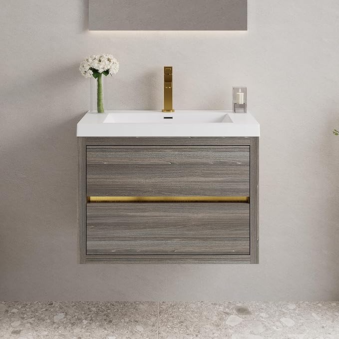 Abruzzo 30" Ash Grey Wall-Mounted Bathroom Vanity with Sink Stone Resin Countertop & Soft-Close Drawers, Waterproof Wood Cabinet for Small Bathrooms