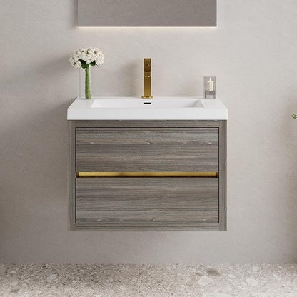 Abruzzo 30" Ash Grey Wall-Mounted Bathroom Vanity with Sink Stone Resin Countertop & Soft-Close Drawers, Waterproof Wood Cabinet for Small Bathrooms
