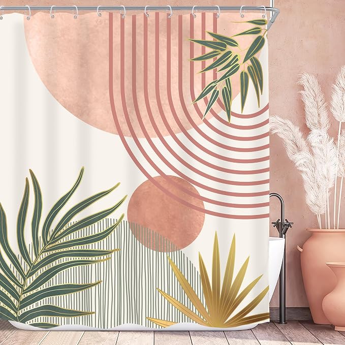 Mid Century Pink Green Boho Abstract Modern Bathroom Shower Curtain Set | 60Wx72L Orange design, waterproof HD print with fast-drying fabric and 12 hooks.