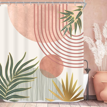Mid Century Pink Green Boho Abstract Modern Bathroom Shower Curtain Set | 60Wx72L Orange design, waterproof HD print with fast-drying fabric and 12 hooks.