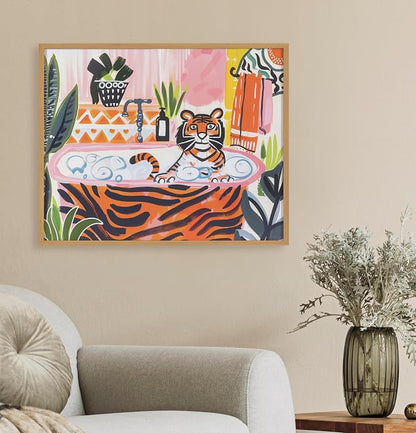 Kate and Laurel Bold Maximalist Tiger in Bubble Bath Framed Wall Art by The Creative Bunch Studio, 20x16 Gold, Cute Animal Bathroom Art for Wall