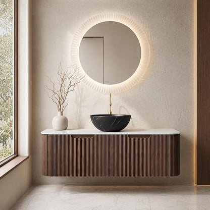 48 Inch Bathroom Vanity with Sink, Floating Wall Mounted Single Sink Vanity, Dark Walnut Curved Fluted Front, Stone Top, Black Marble Vessel Basin, Pre-Assembled
