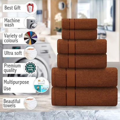 CRAFTBERRY- 6 Piece 100% Cotton Bath Towel Set -2 Bath 2 Hand 2 Face, Brown | 100% Cotton • Thick & Plush • Hotel Quality • Ultra Soft • Highly Absorbent • Quick Dry • Low Lint • Machine Washable