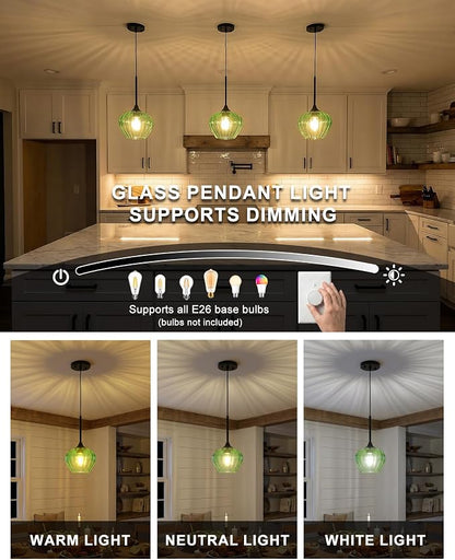 Green Pendant Lights Kitchen Island, 7.7" Vintage Glass Pendant Lighting Samll Adjustable Hanging Light Fixtures for Kitchen, Dining Room, Sink, Bathroom