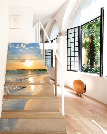 FLFK Sunrise Coast Stair Stickers - Set of 15, Peel and Stick Stair Riser Decals, 39.3"x7.08"