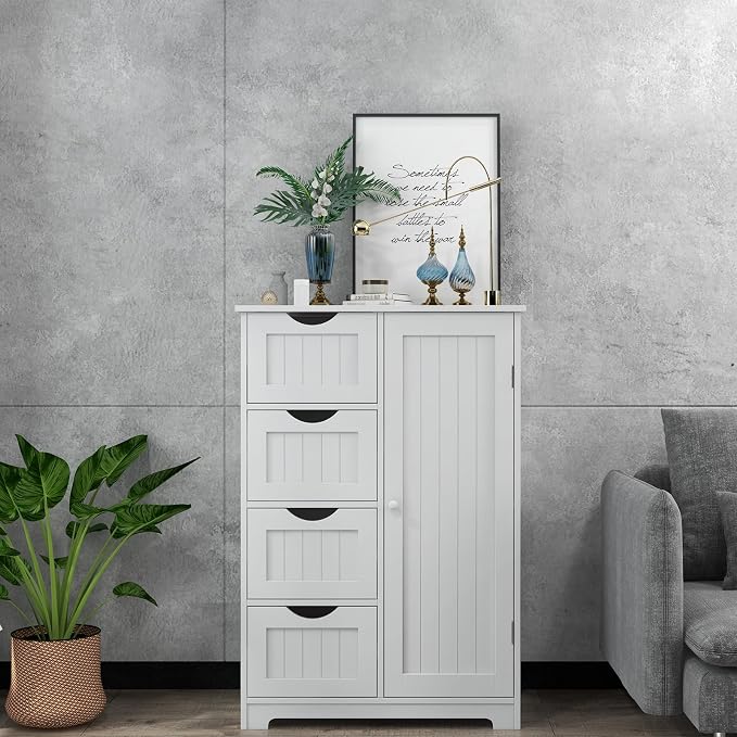 Giantex Bathroom Storage Cabinet with Drawers - 4 Drawer Storage Organizer w/Cupboard, Adjustable Shelf, Anti-Toppling Device, Entryway Storage Unit Console Table, Bathroom Floor Cabinet (White)