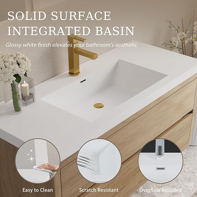 Abruzzo 48" Natural Oak Wall-Mounted Bathroom Vanity with Sink Stone Resin Countertop & Soft-Close Drawers, Waterproof Wood Cabinet for Small Bathrooms