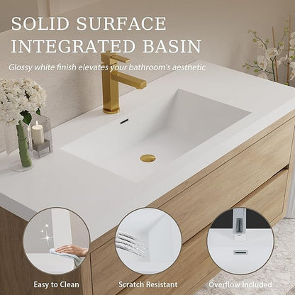 Abruzzo 48" Natural Oak Wall-Mounted Bathroom Vanity with Sink Stone Resin Countertop & Soft-Close Drawers, Waterproof Wood Cabinet for Small Bathrooms