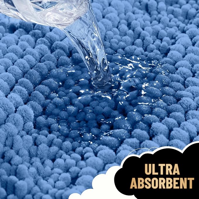 OLANLY Thick Toilet Rugs U-Shaped 24x20, Chenille Bath Mat, Cornflower Blue | Extra soft Absorbent Striped Contour Bathroom Rugs for Toilet, Dry Quickly, Machine Washable, Non-Slip
