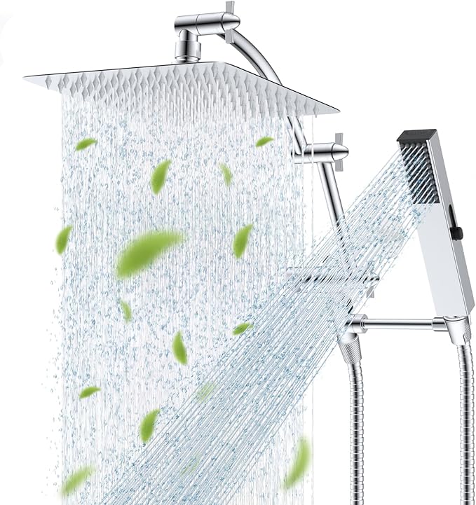 Hibbent All Metal CUPC Certified 10'' Rain Shower Head, Dual Shower Head Combo, High Pressure Handheld 4 Sprays Shower Wand, 16'' Adjustable Extension Arm, 71'' Hose, Shower Holder, Chrome