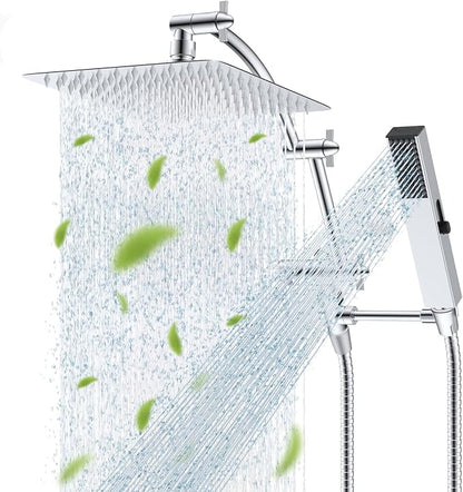 Hibbent All Metal CUPC Certified 10'' Rain Shower Head, Dual Shower Head Combo, High Pressure Handheld 4 Sprays Shower Wand, 16'' Adjustable Extension Arm, 71'' Hose, Shower Holder, Chrome