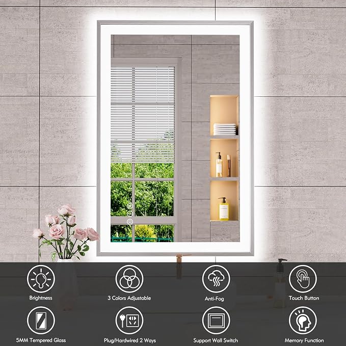 24x36 Inch Silver Frame LED Mirror for Bathroom | Silver Metal Frame, Front and Backlit, 3 Colors, Dimmable, Memory, Anti Fog, Tempered Glass, Lighted Mirror for Wall